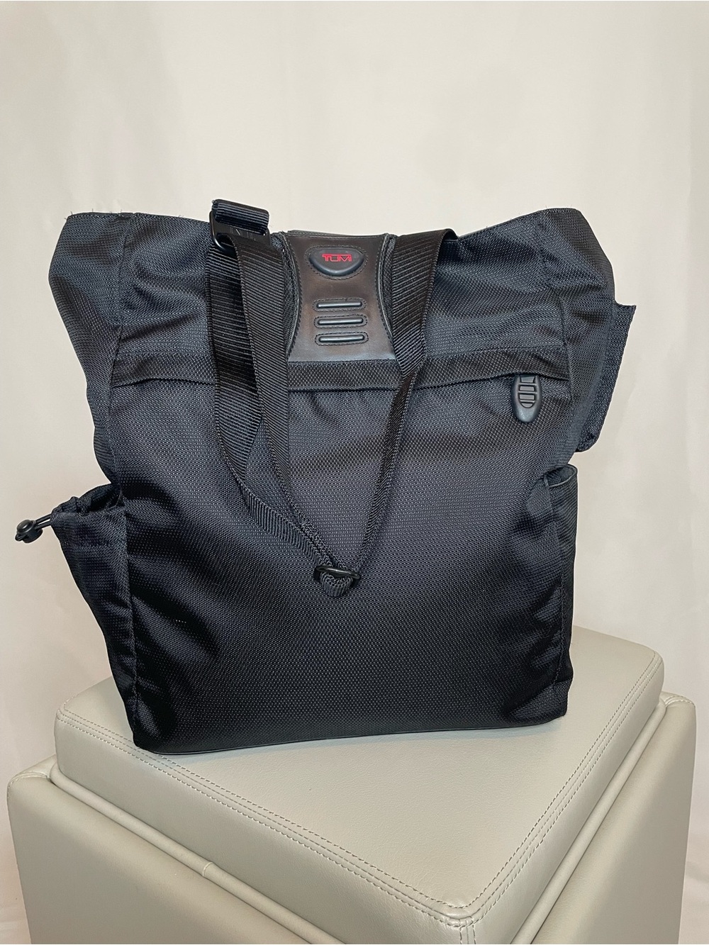 Tumi Black Nylon Duffel Tote with Subtle Red Logo